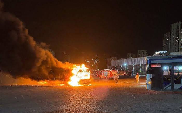 Parked buses being burned in Bat Yam, Israel, targeted in the foiled bombing plot of 20 February 2025