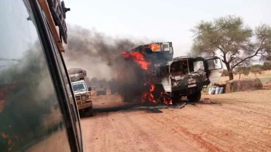 The scene near Kobé, Mali, following the convoy ambush on 7 February 2025