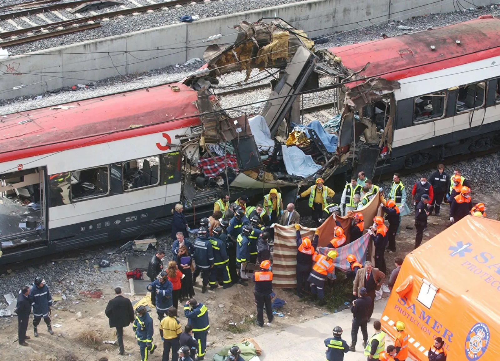 Damaged train carriages following the 11 March 2004 Madrid bombings