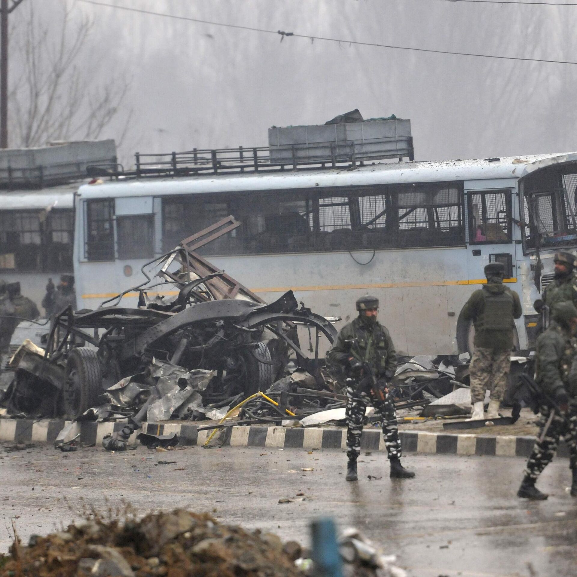 Aftermath of the Jaish-e-Mohammed suicide attack on a CRPF convoy in Kashmir